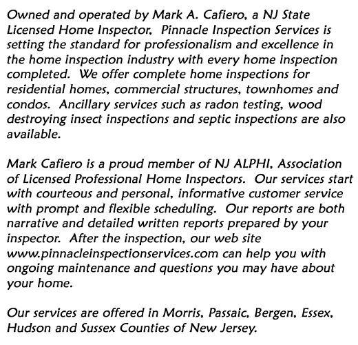 Owned and operated by Mark A. Cafiero, a NJ State Licensed Home Inspector, Pinnacle Inspection Service is setting the standard for professionalism and excellence in the home inspection industry.  Why should you settle for anything less?  Tom recommends these guys because they are good and clients have been very satisfied with the service they were given.